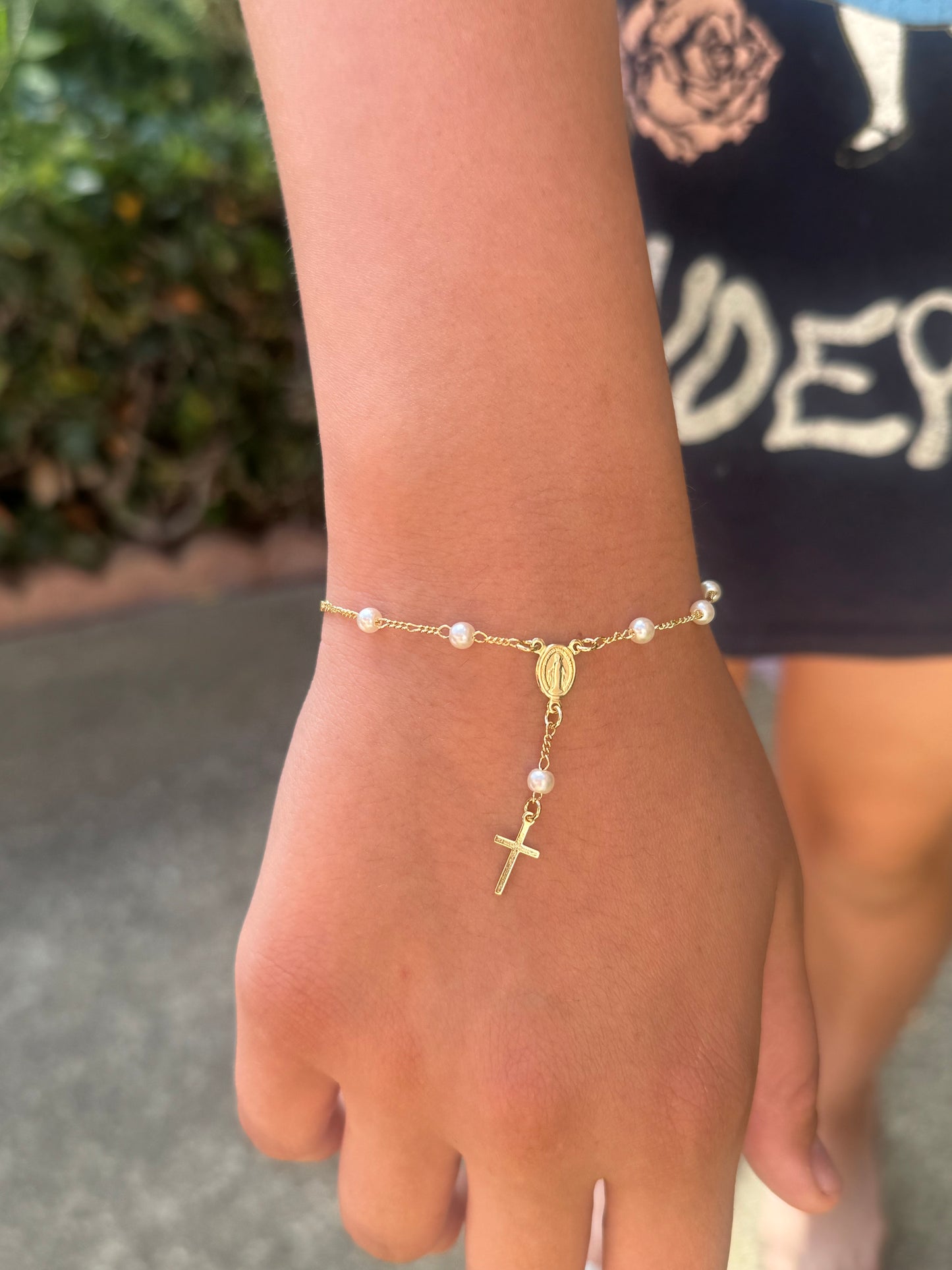 Pearl Rosary Bracelet 18K Gold Filled Figaro Bracelet
