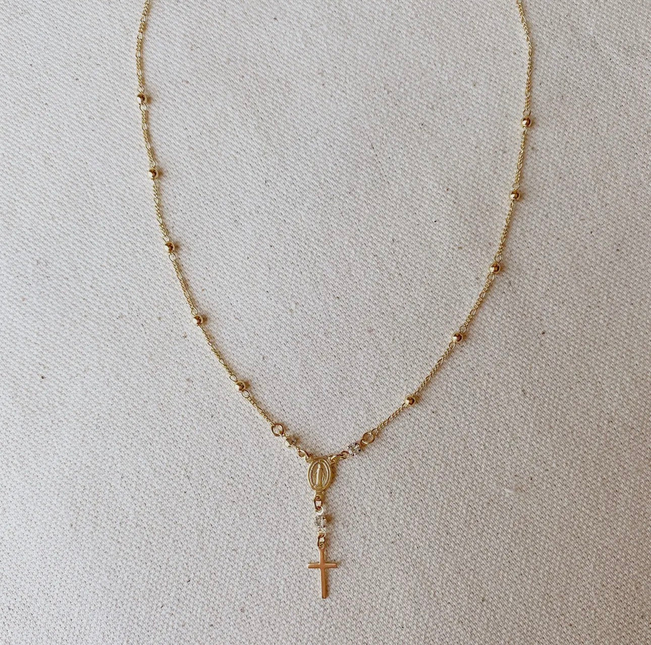 Gold Rosary Necklace 18k Gold Filled Rosary Ball Chain and Dainty Cross