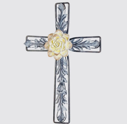 Cross Metal Wall Cross with Resin Flower 18.5" Flower Vine Inspired Cross