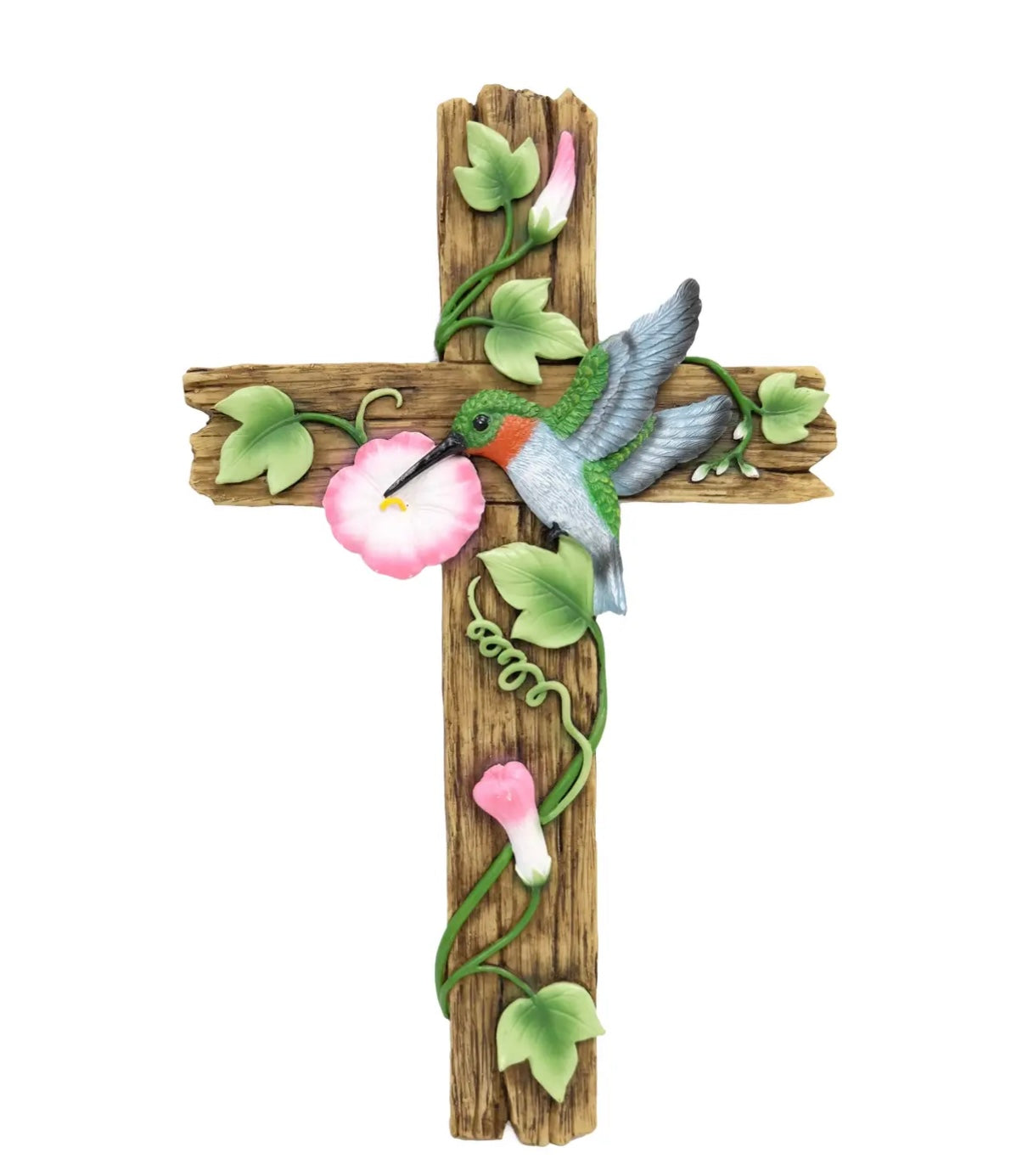 Vintage Wood Green Hummingbird Summer Pink Floral Garden Religious Hanging Wall Cross