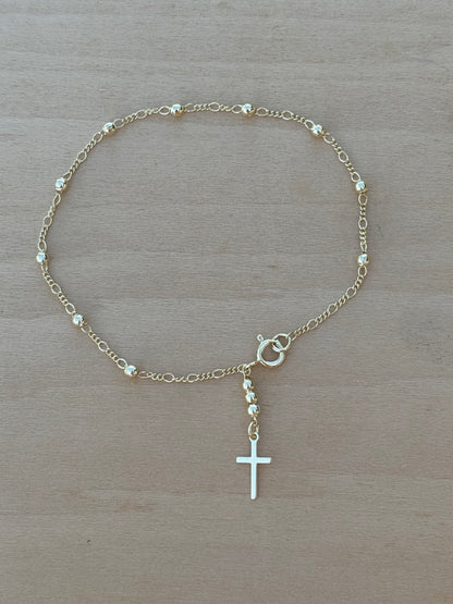 18k Gold Filled Beaded Dainty Bracelet with Cross Charm
