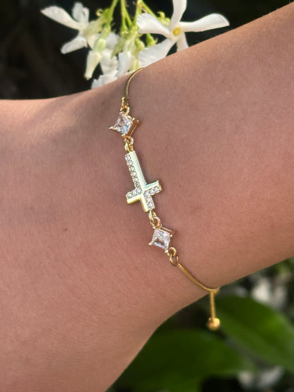 Cubic Zirconia Crystal Gold Plated Cross Bracelet paired with a 14KT Gold Snake Bolo Chain Made in The USA