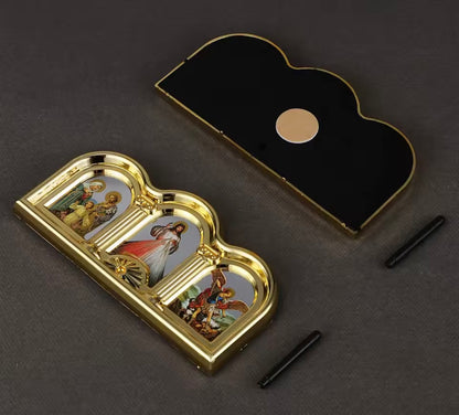 Triptych Icon Stand Plaque with St. Michael, Divine Mercy and Holy Family,