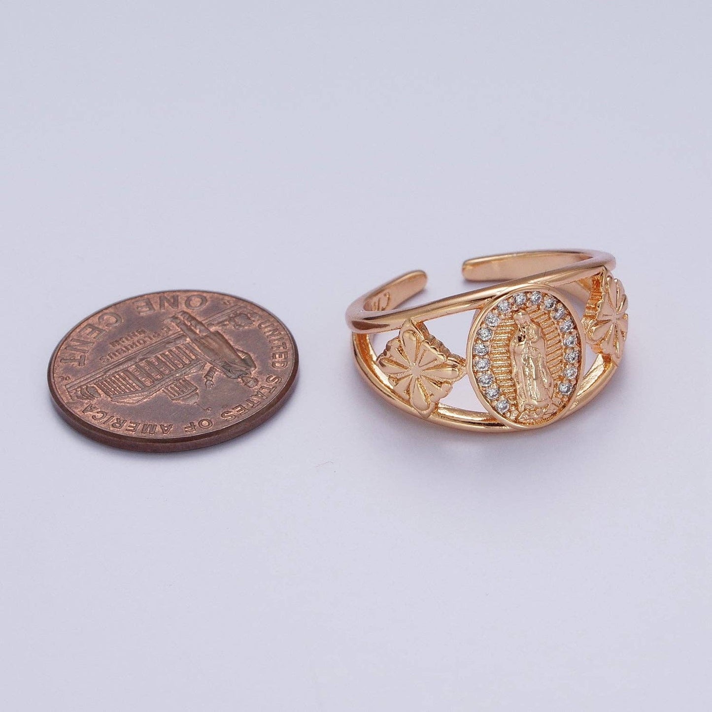 18K Gold Religious Micro Paved CZ Mother Virgin Mary Flowers
