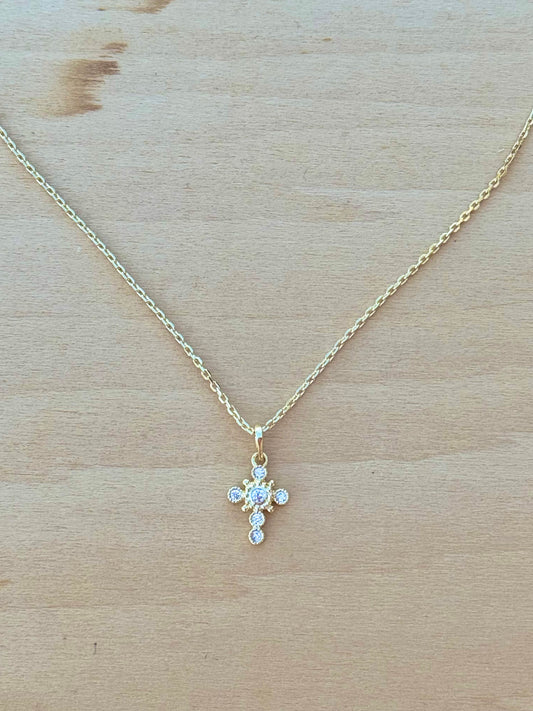 Dainty Cubic Zirconia Crystal Bezel Cross Necklace 18K Gold Filled