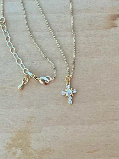 Dainty Cubic Zirconia Crystal Bezel Cross Necklace 18K Gold Filled