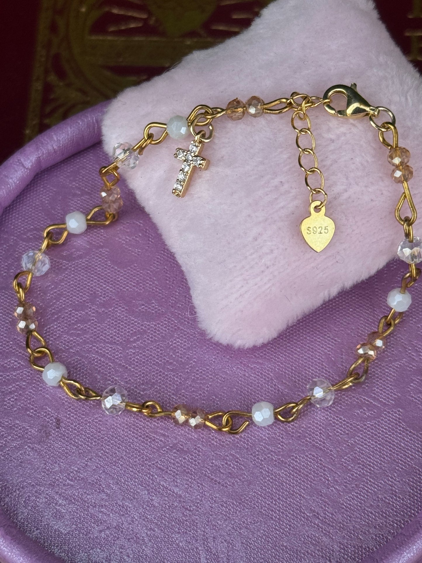 Aurora Borealis Beaded Cross Bracelet Gold Plated