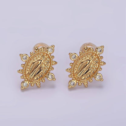 16K Gold Filled Mary Guadalupe Religious CZ Dotted Oval Stud Earrings