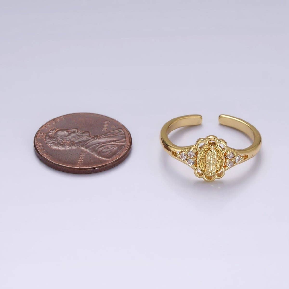 14K Gold Filled Triple CZ Mother Mary Lady Guadalupe Rounded Oval Ring