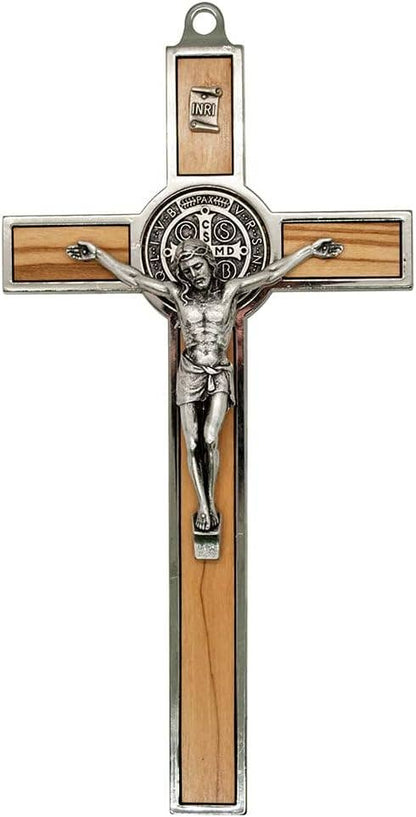 Italian St. Benedict Crucifix with Olive Wood Inlays, Silver