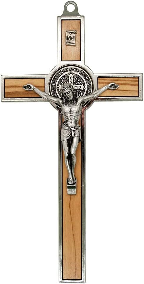 Italian St. Benedict Crucifix with Olive Wood Inlays, Silver