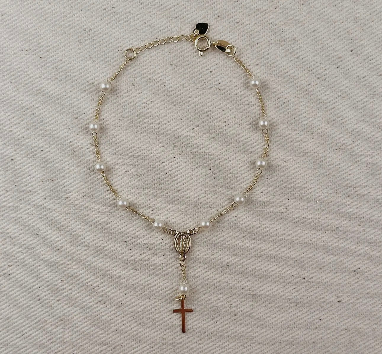 Pearl Rosary Bracelet 18K Gold Filled Figaro Bracelet