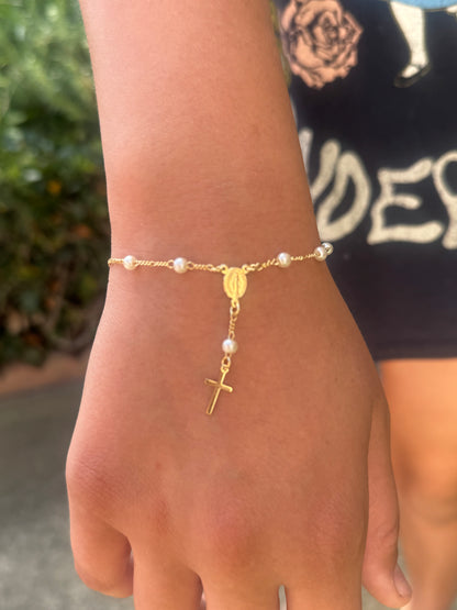 Pearl Rosary Bracelet 18K Gold Filled Figaro Bracelet