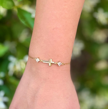 Cubic Zirconia Crystal Gold Plated Cross Bracelet paired with a 14KT Gold Snake Bolo Chain Made in The USA