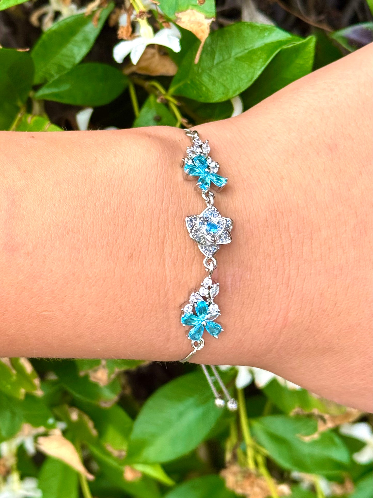 Sterling Silver with Cubic Zirconia Crystals Rose Bolo Bracelet Made In The USA