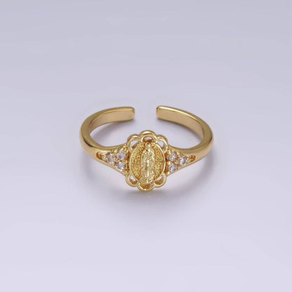 14K Gold Filled Triple CZ Mother Mary Lady Guadalupe Rounded Oval Ring