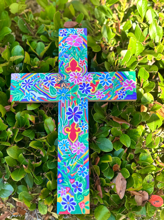 Pine Wood Cross, Hand Painted Flowers, Monarch Butterfly, Fleur De Lis Accents Made in the USA