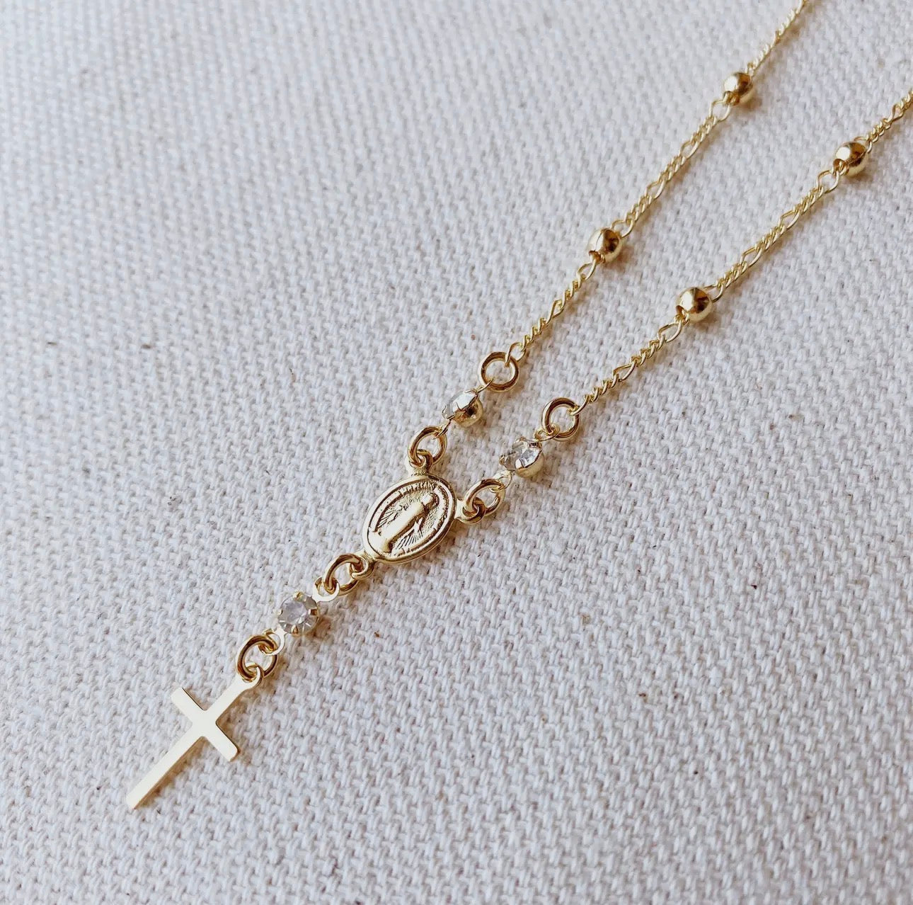 Gold Rosary Necklace 18k Gold Filled Rosary Ball Chain and Dainty Cross