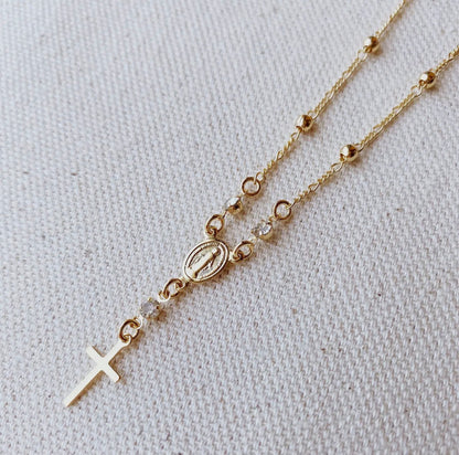 Gold Rosary Necklace 18k Gold Filled Rosary Ball Chain and Dainty Cross