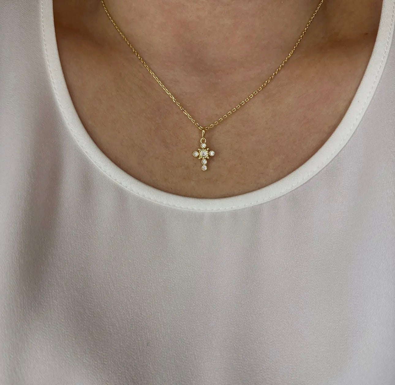 Dainty Cubic Zirconia Crystal Bezel Cross Necklace 18K Gold Filled
