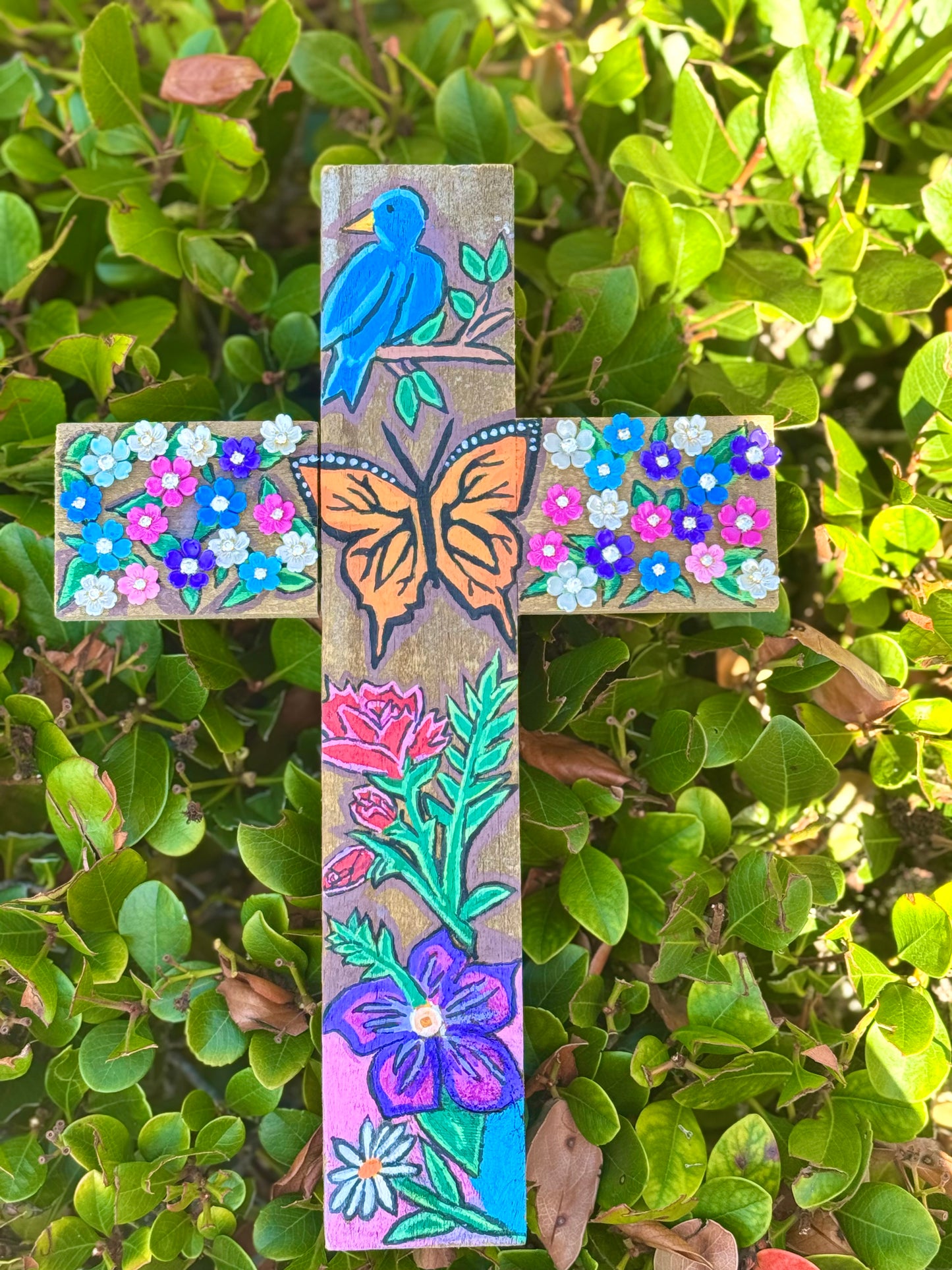 Wings of Grace Wall Cross Made In The USA  Bluebird, Monarch Butterfly, Floral Design