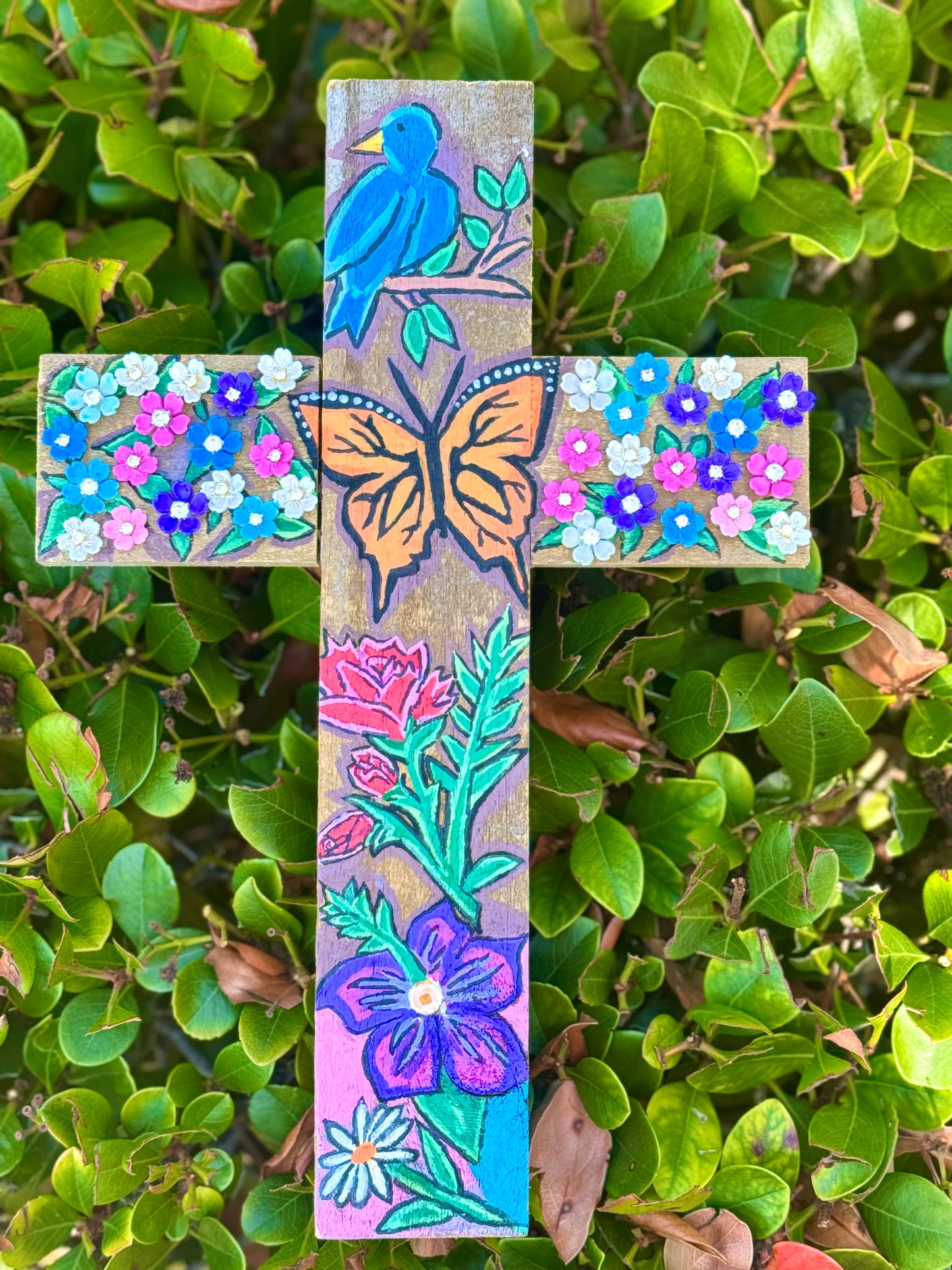 Wings of Grace Wall Cross Made In The USA  Bluebird, Monarch Butterfly, Floral Design