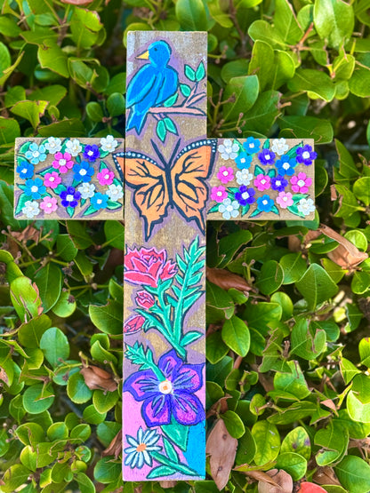Wings of Grace Wall Cross Made In The USA  Bluebird, Monarch Butterfly, Floral Design