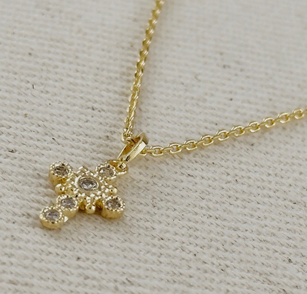Dainty Cubic Zirconia Crystal Bezel Cross Necklace 18K Gold Filled