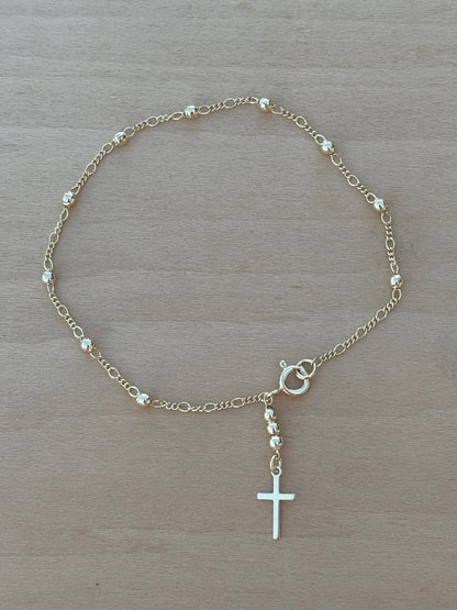 18k Gold Filled Beaded Dainty Bracelet with Cross Charm
