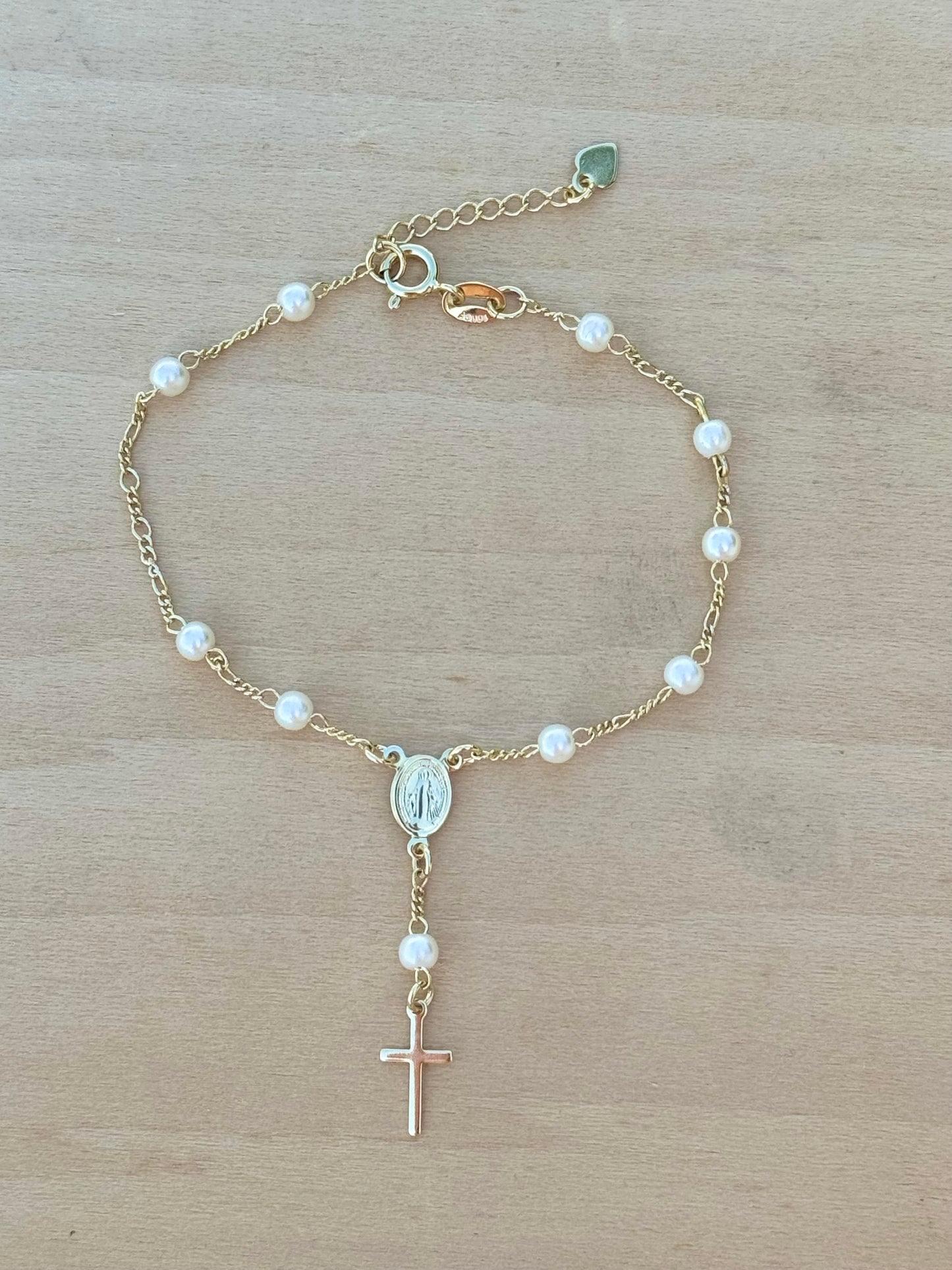 Pearl Rosary Bracelet 18K Gold Filled Figaro Bracelet