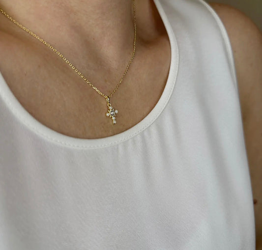 Dainty Cubic Zirconia Crystal Bezel Cross Necklace 18K Gold Filled
