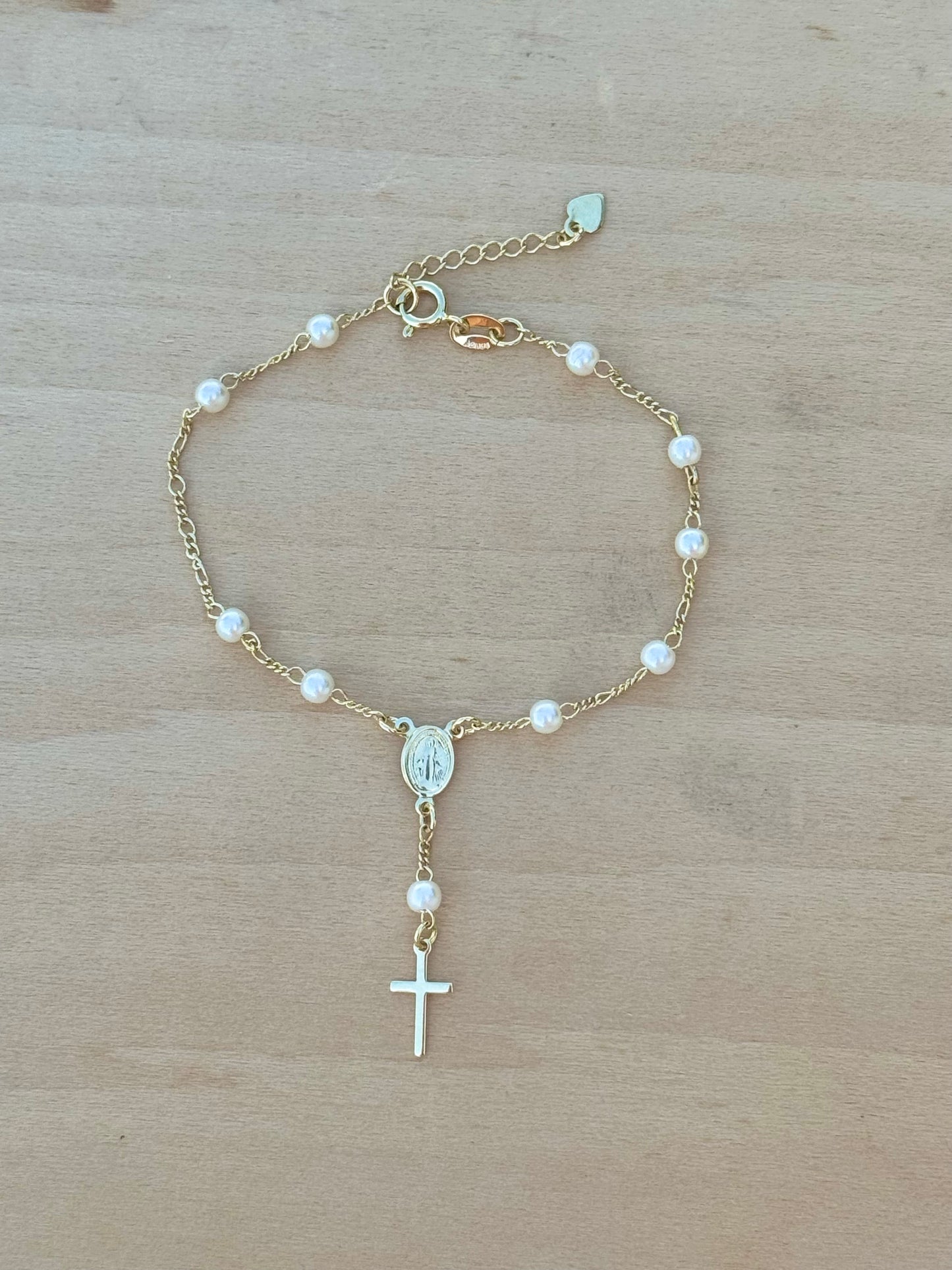 Pearl Rosary Bracelet 18K Gold Filled Figaro Bracelet