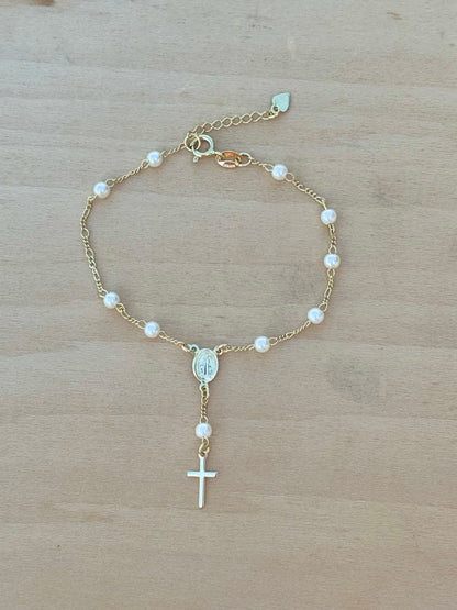 Pearl Rosary Bracelet 18K Gold Filled Figaro Bracelet