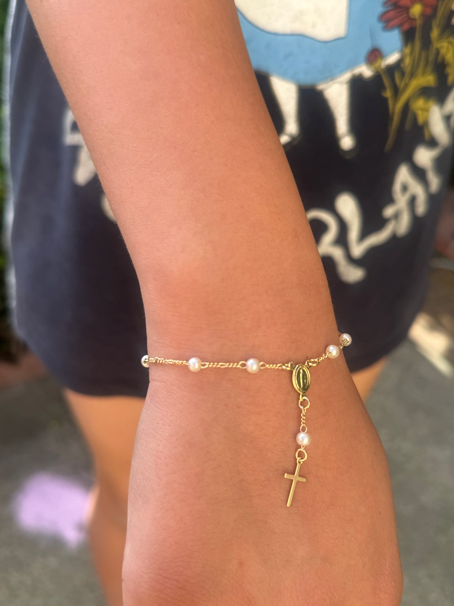 Pearl Rosary Bracelet 18K Gold Filled Figaro Bracelet