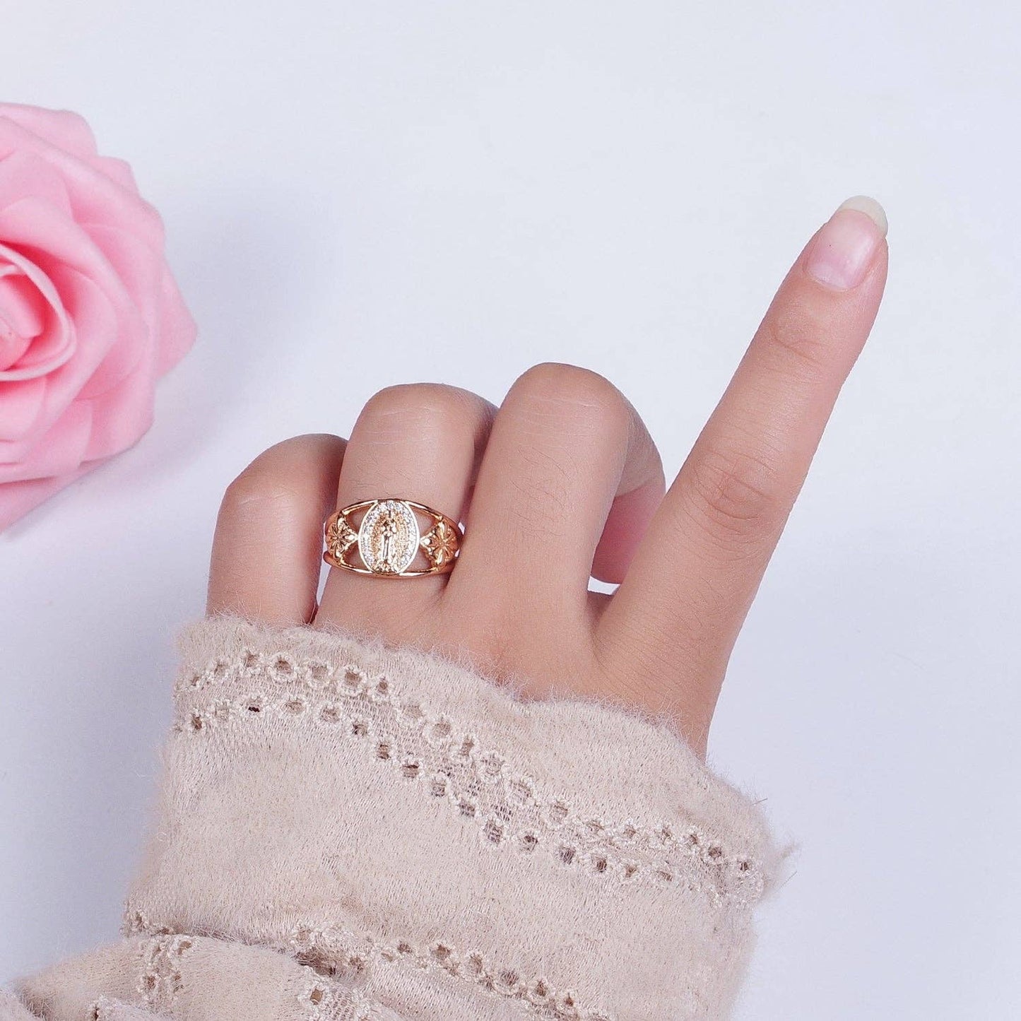 18K Gold Religious Micro Paved CZ Mother Virgin Mary Flowers