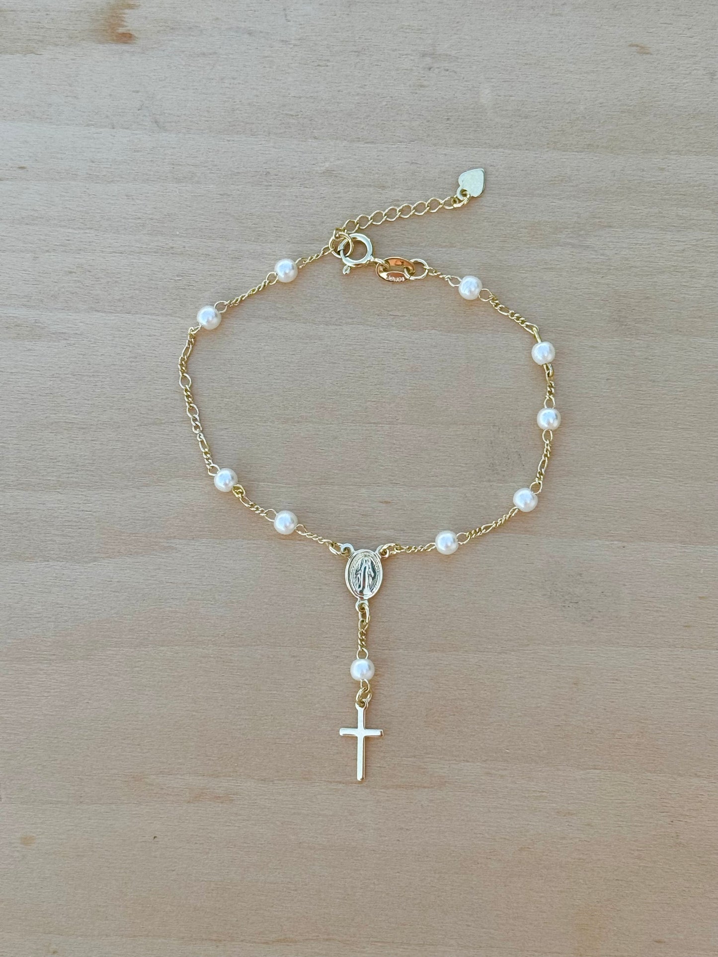 Pearl Rosary Bracelet 18K Gold Filled Figaro Bracelet