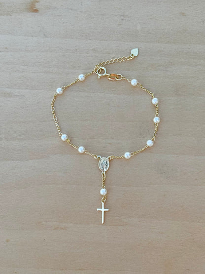Pearl Rosary Bracelet 18K Gold Filled Figaro Bracelet