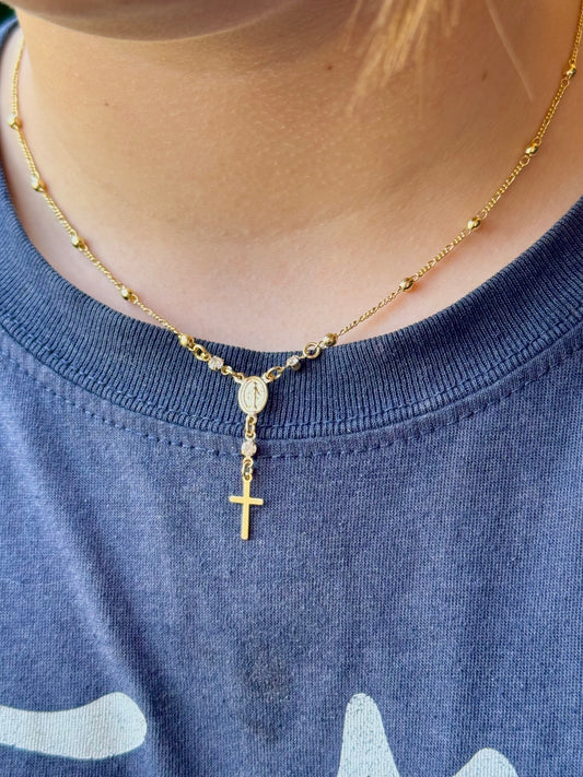 Gold Rosary Necklace 18k Gold Filled Rosary Ball Chain and Dainty Cross