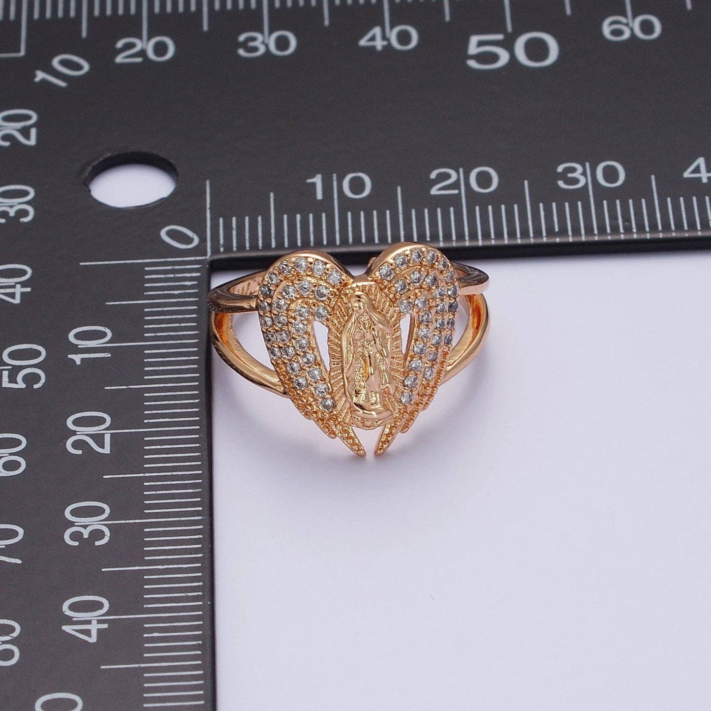 Micro Pave Gold Vintage Lady Guadalupe Ring with Angel Wing for Statement Religious Jewelry