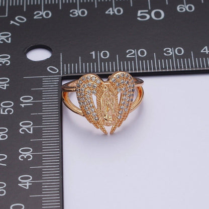 Micro Pave Gold Vintage Lady Guadalupe Ring with Angel Wing for Statement Religious Jewelry