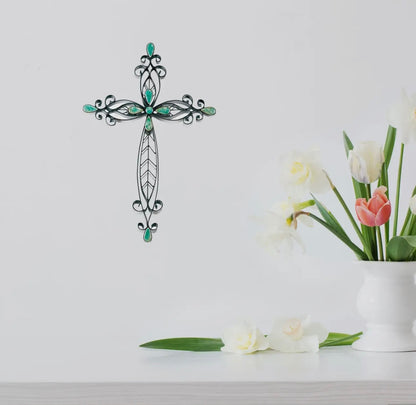 Elegant Classy Wall Cross with Turquoise Stone Metal Fleur De Lis Style