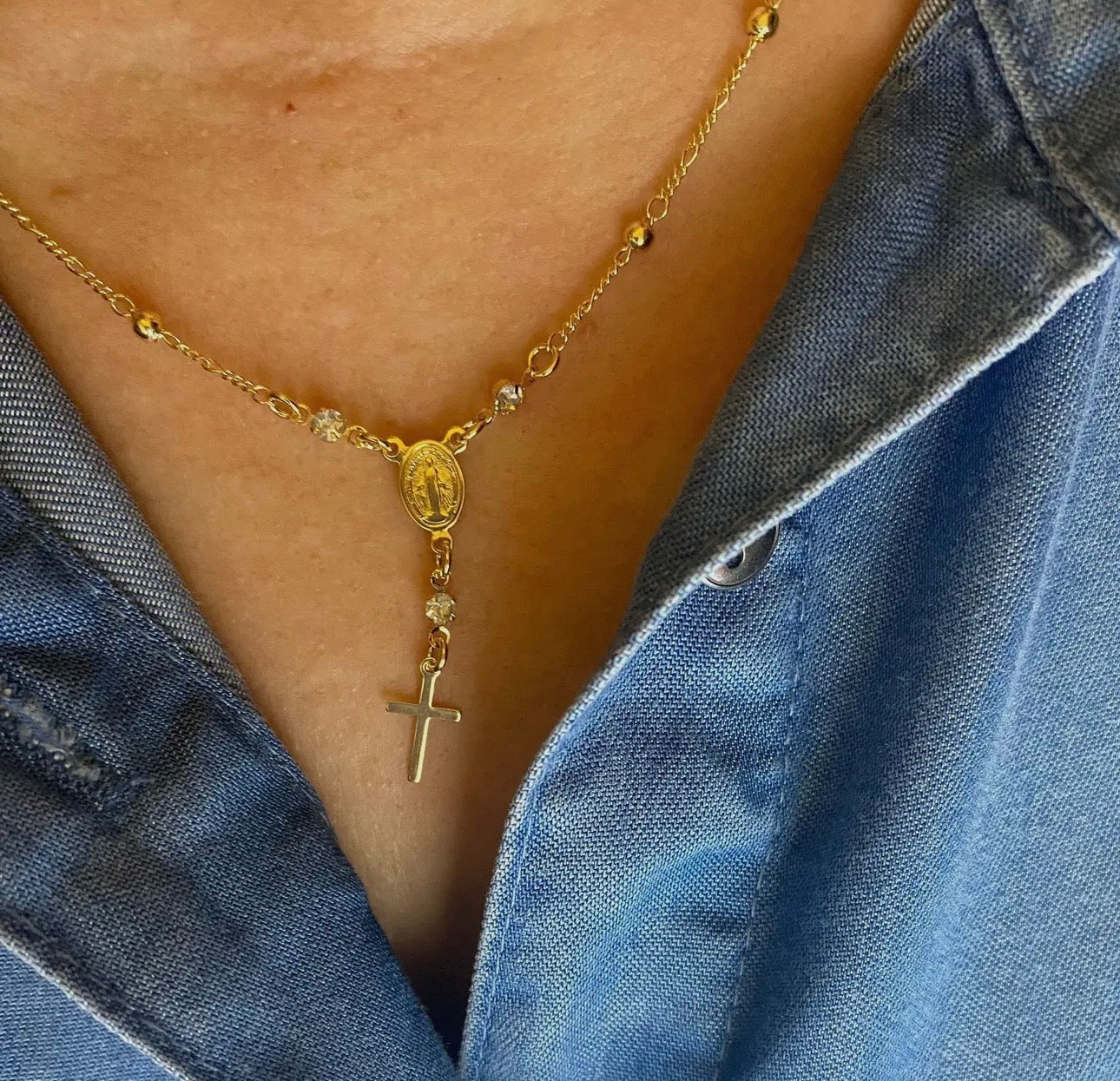 Gold Rosary Necklace 18k Gold Filled Rosary Ball Chain and Dainty Cross