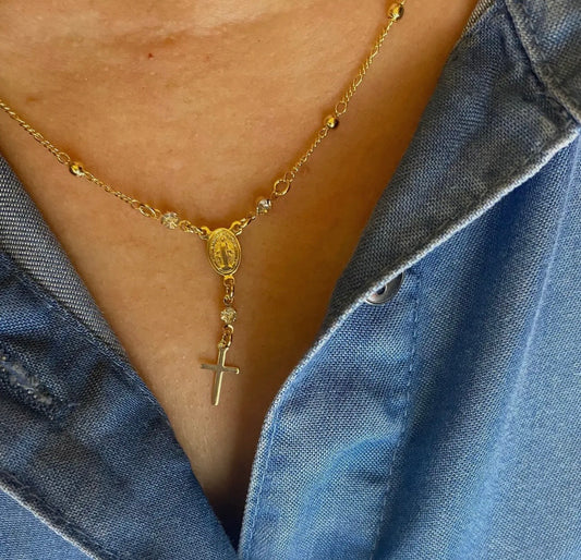 Gold Rosary Necklace 18k Gold Filled Rosary Ball Chain and Dainty Cross