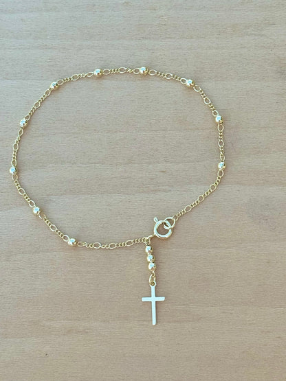 18k Gold Filled Beaded Dainty Bracelet with Cross Charm