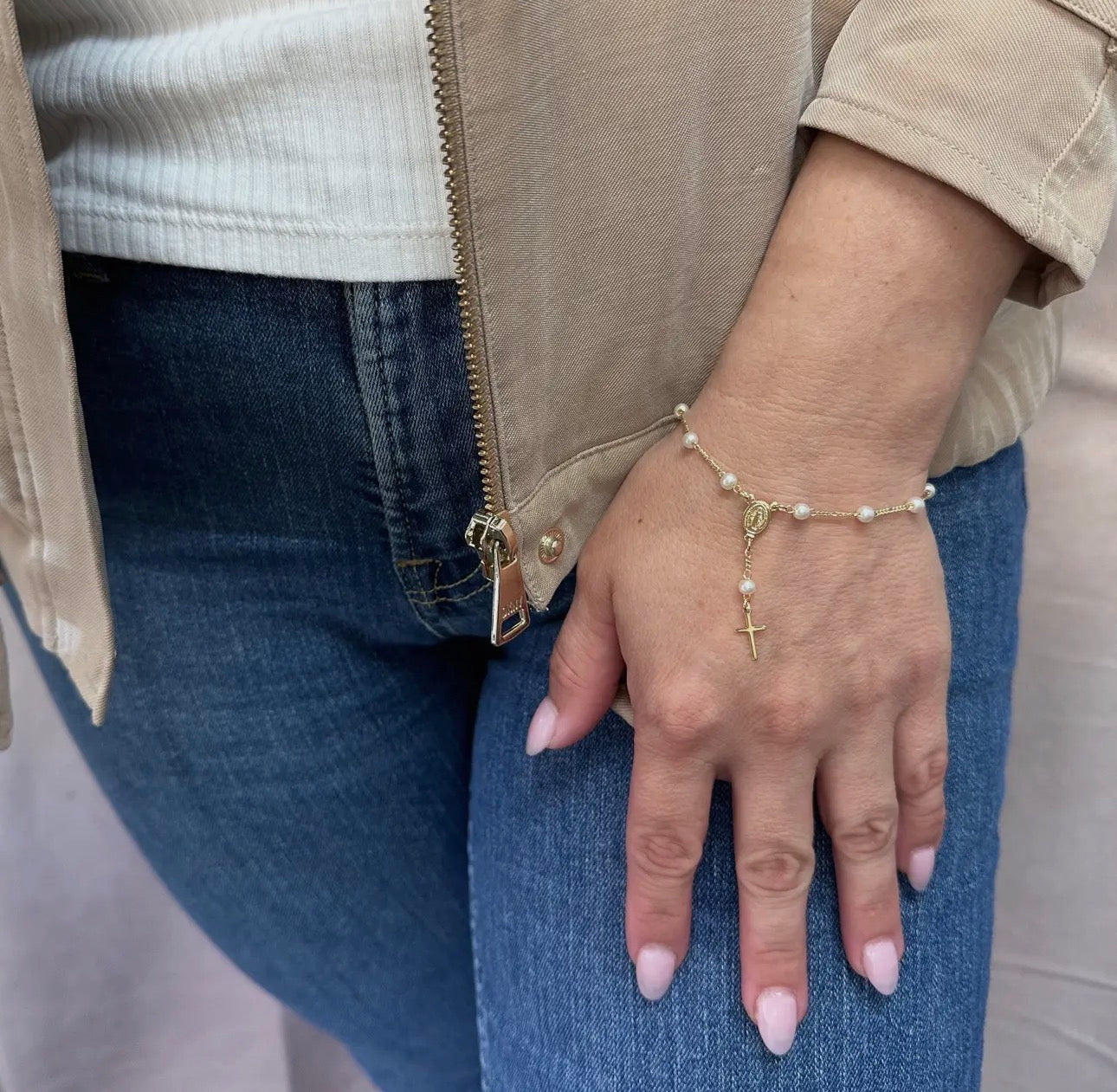 Pearl Rosary Bracelet 18K Gold Filled Figaro Bracelet