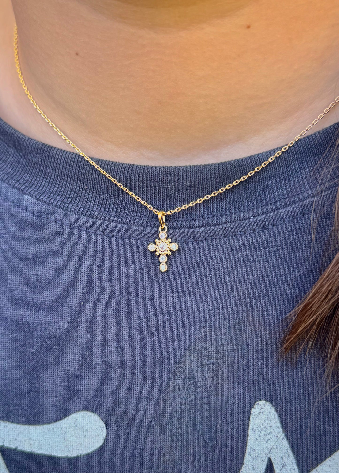 Dainty Cubic Zirconia Crystal Bezel Cross Necklace 18K Gold Filled