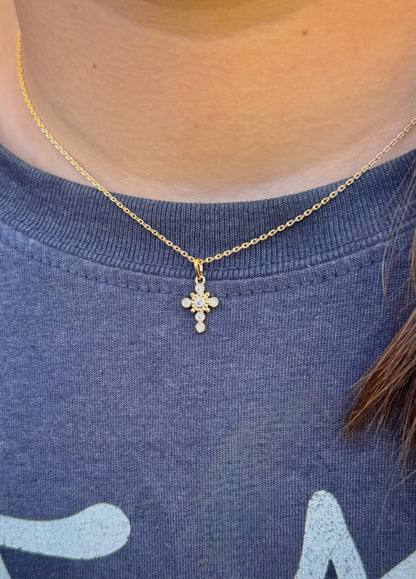 Dainty Cubic Zirconia Crystal Bezel Cross Necklace 18K Gold Filled