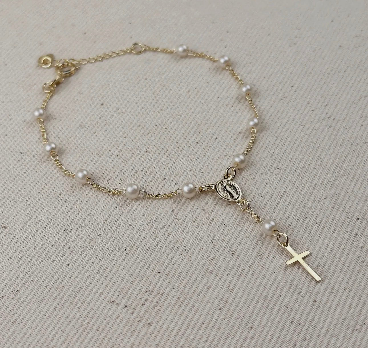 Pearl Rosary Bracelet 18K Gold Filled Figaro Bracelet