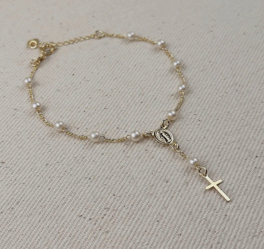 Pearl Rosary Bracelet 18K Gold Filled Figaro Bracelet