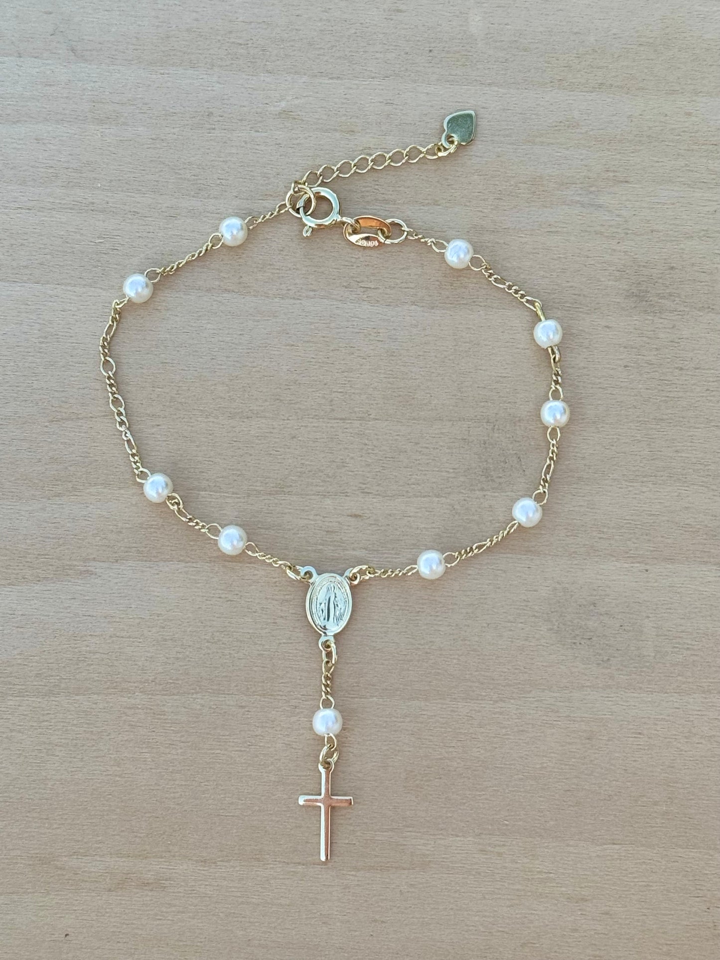 Pearl Rosary Bracelet 18K Gold Filled Figaro Bracelet